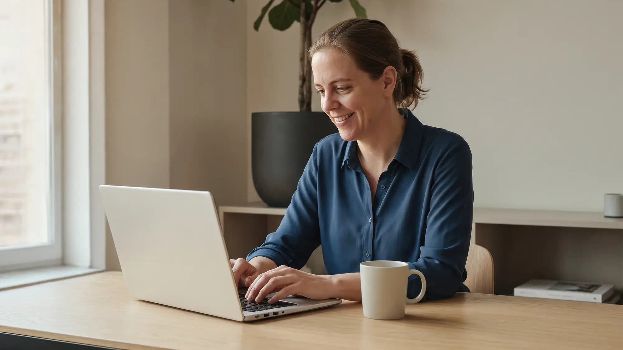 Mitarbeiterin von Hoferichter Unternehmenssteuerrecht beim mobilen Arbeiten am Laptop in einer modernen und hellen Arbeitsumgebung.